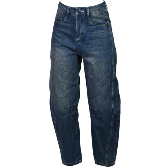 Barrel Leg Jeans Blue Balloon High Waist Medium Wash Baggy Wide Leg Ankle 25 26 - Picture 1 of 14